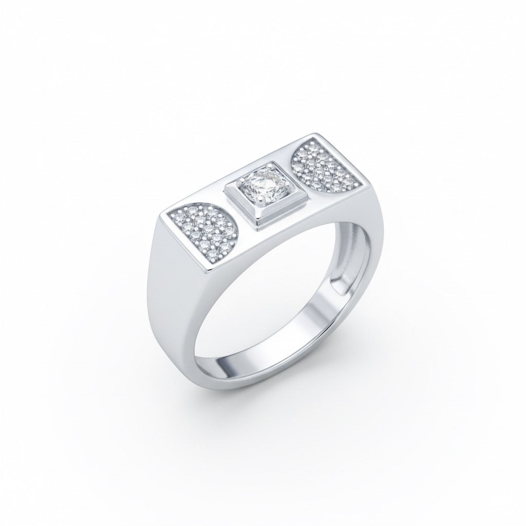 Square Solitaire Wide Band Silver Ring