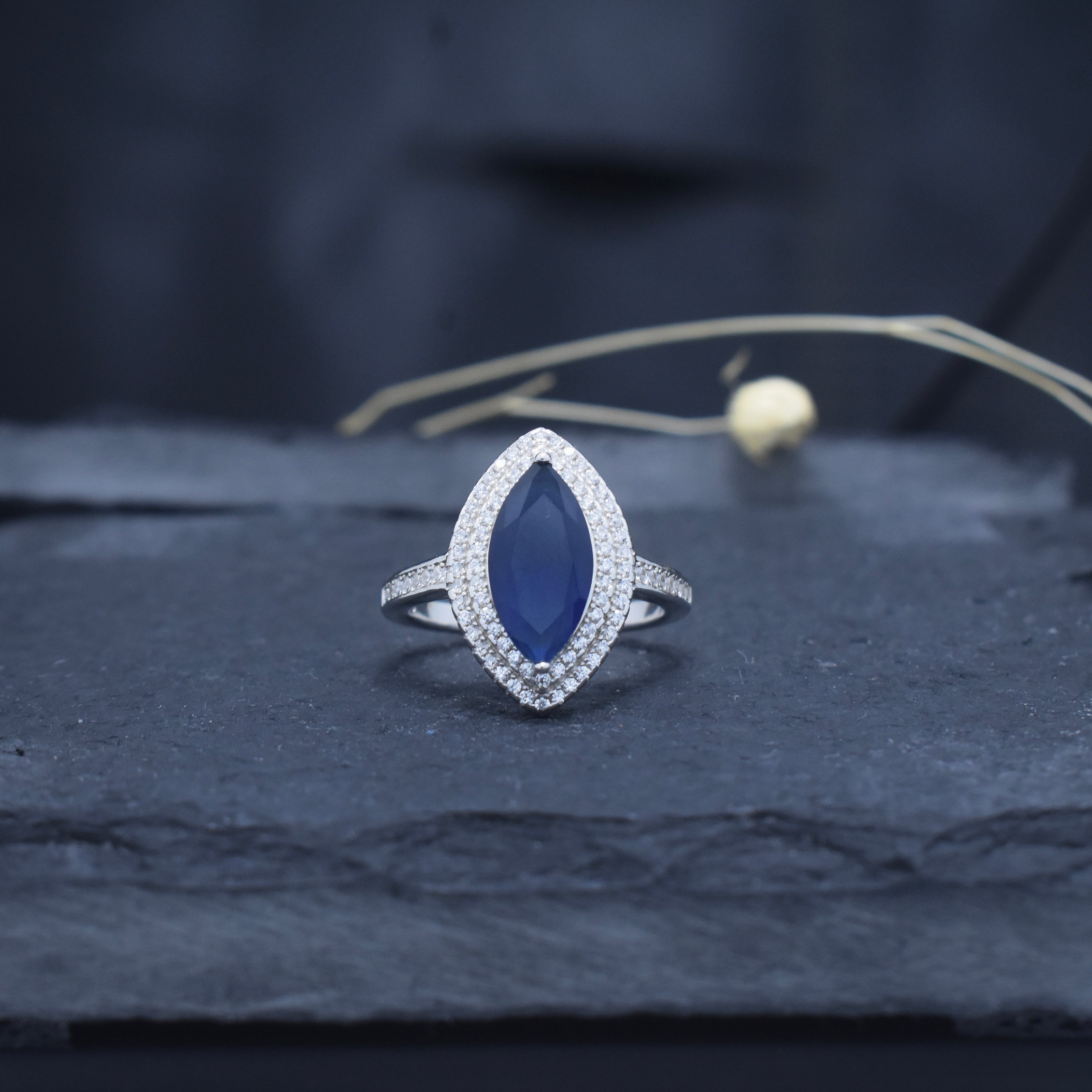 Marquise Cut Deep Blue Double Halo Ring