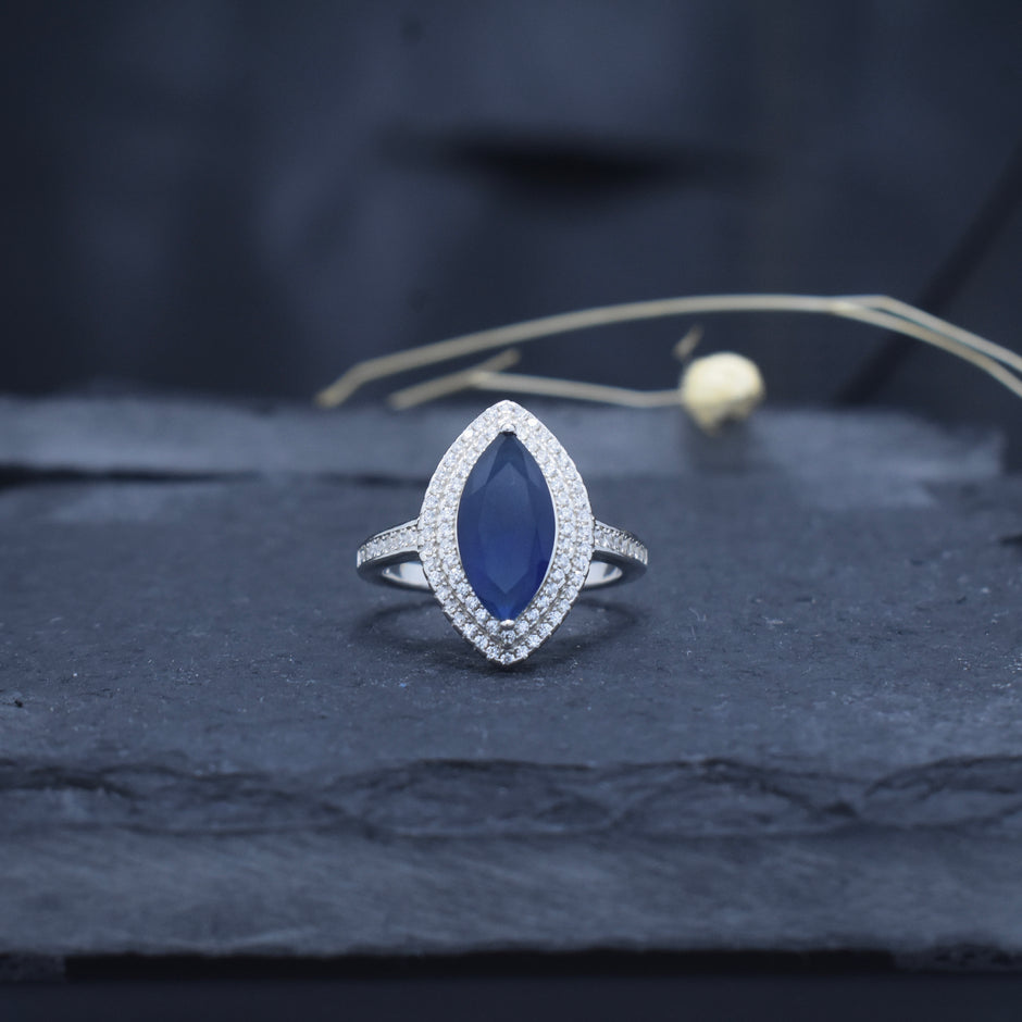 Marquise Cut Deep Blue Double Halo Ring