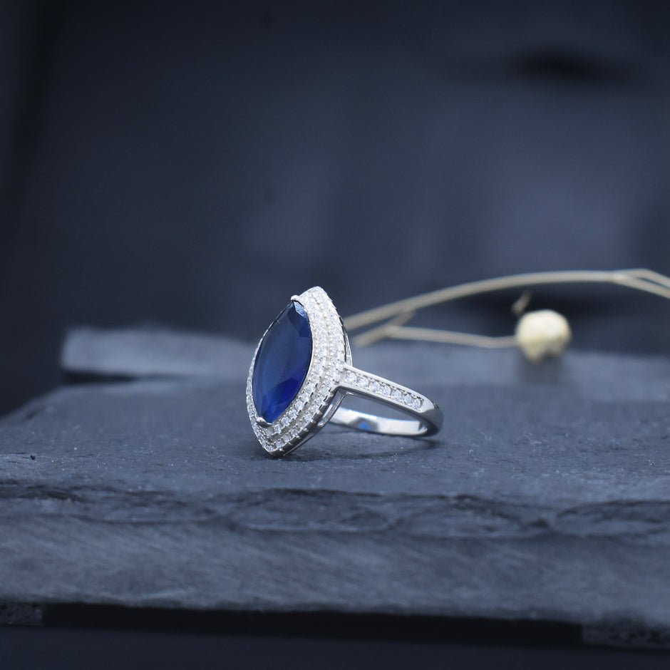 Marquise Cut Deep Blue Double Halo Ring