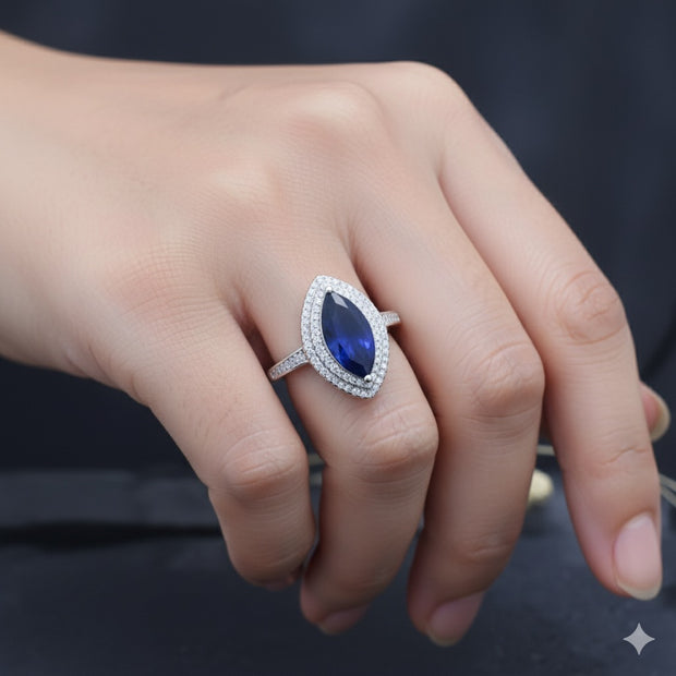 Marquise Cut Deep Blue Double Halo Ring