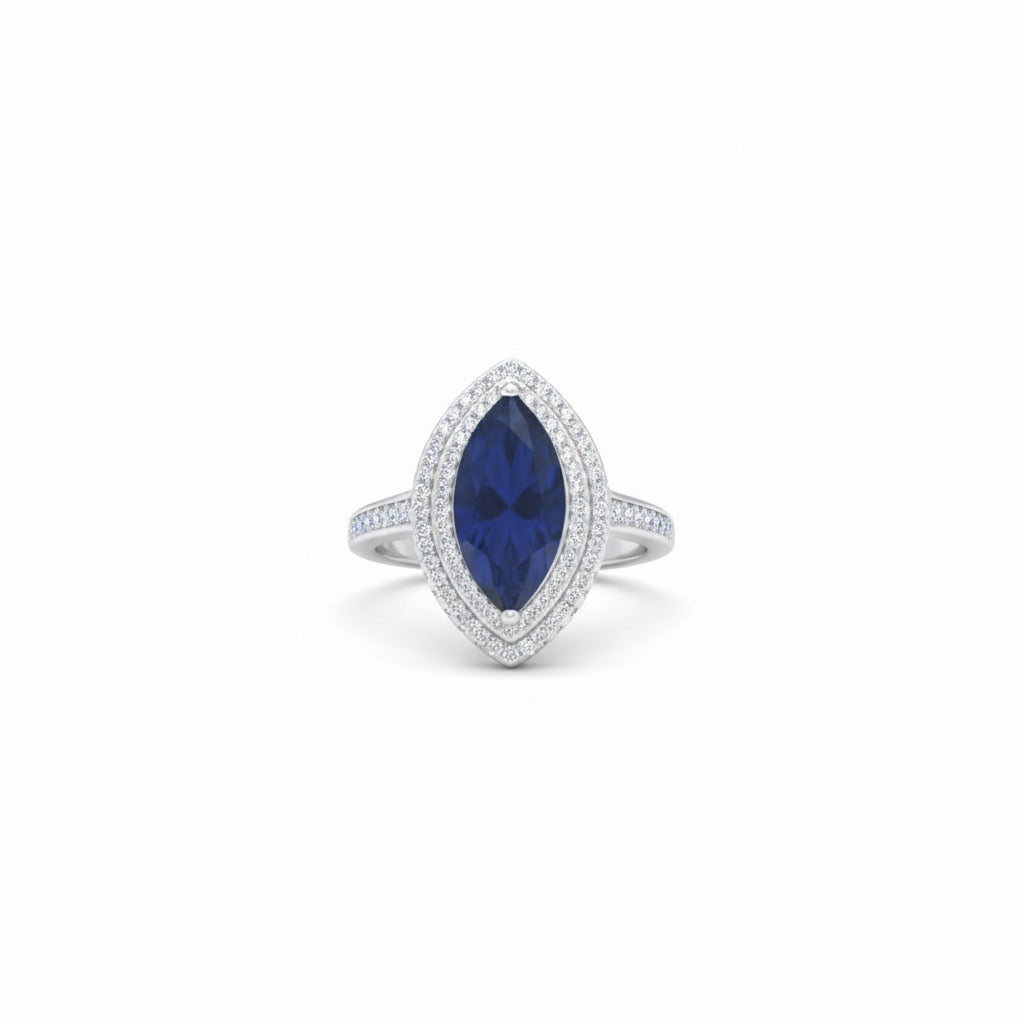 Marquise Cut Deep Blue Double Halo Ring