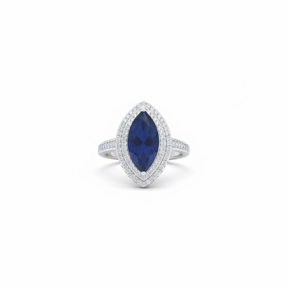 Marquise Cut Deep Blue Double Halo Ring