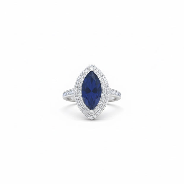 Marquise Cut Deep Blue Double Halo Ring