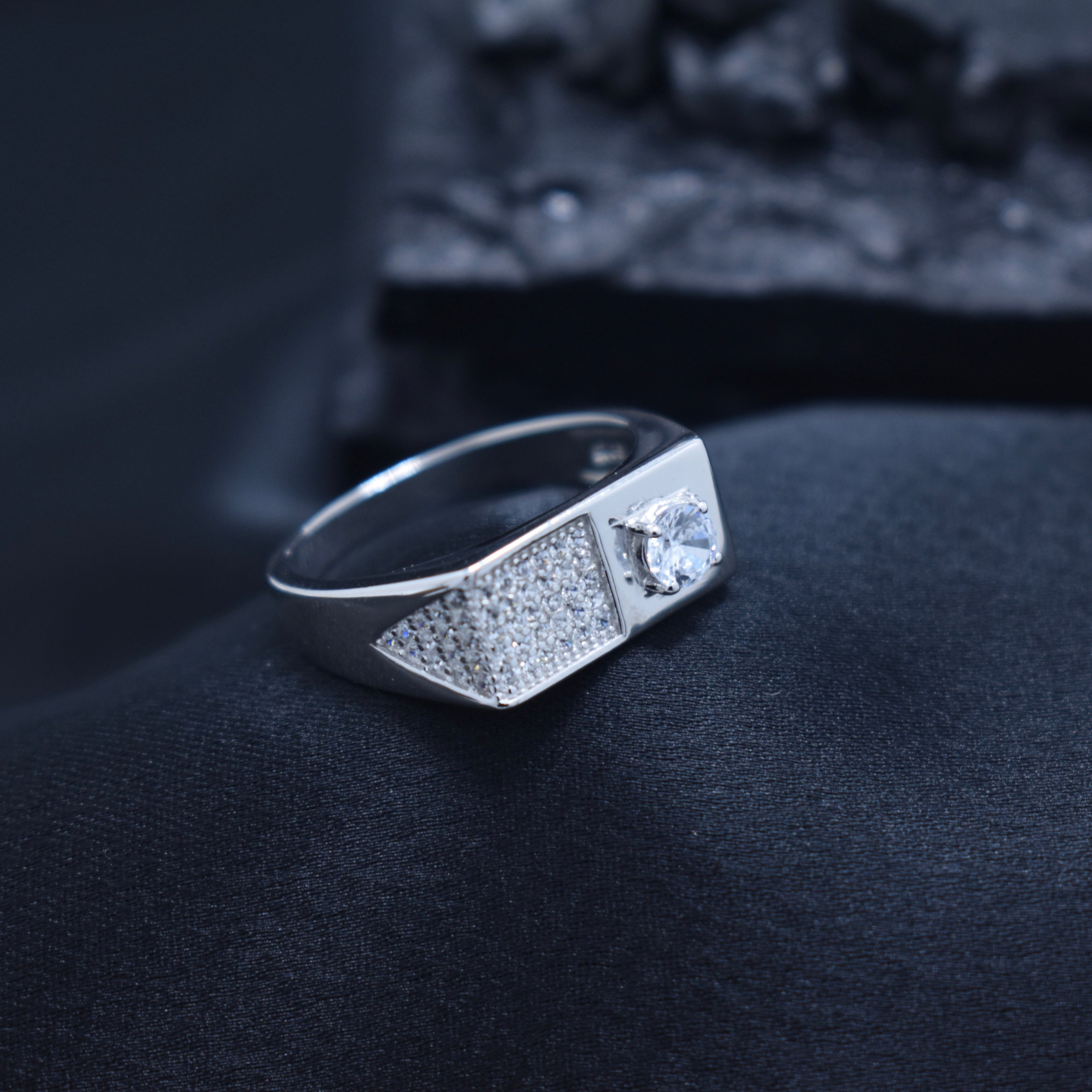 Asymmetrical Pave Solitaire Silver Ring