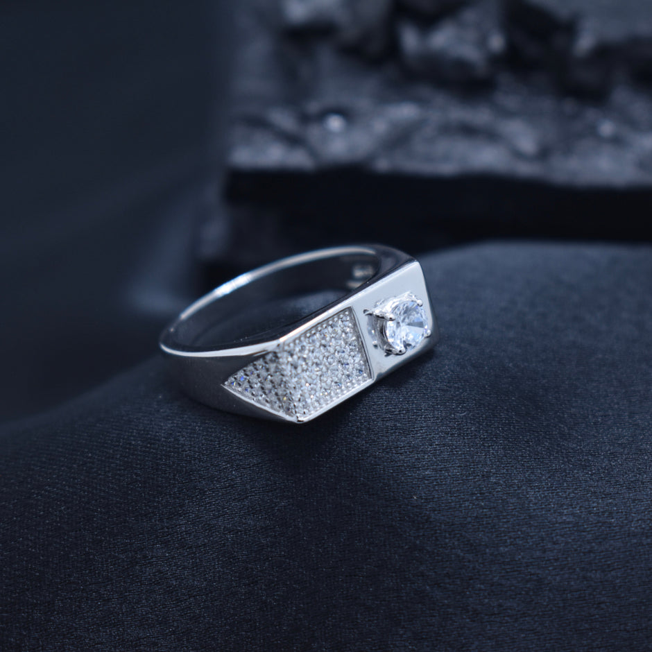 Asymmetrical Pave Solitaire Silver Ring