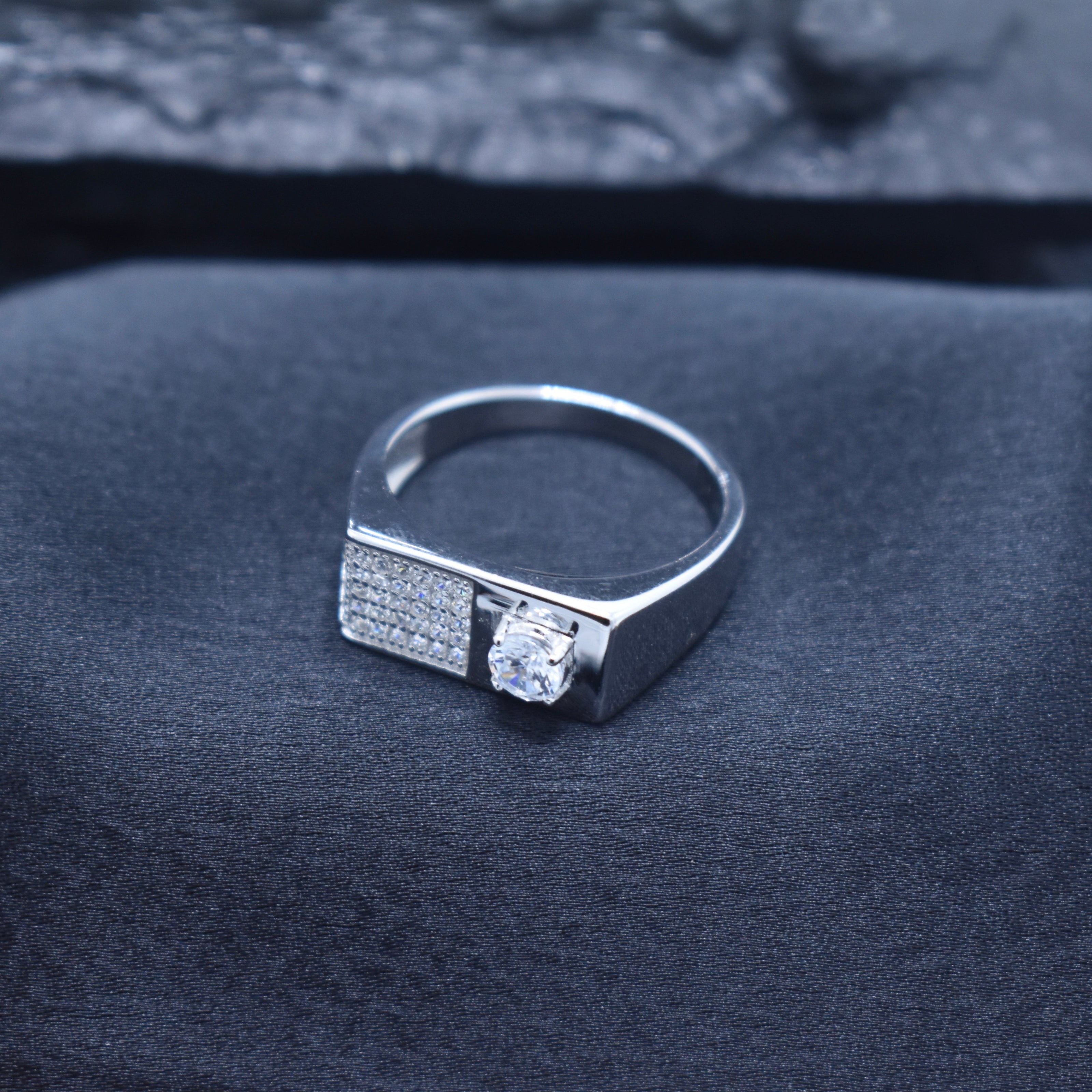 Asymmetrical Pave Solitaire Silver Ring