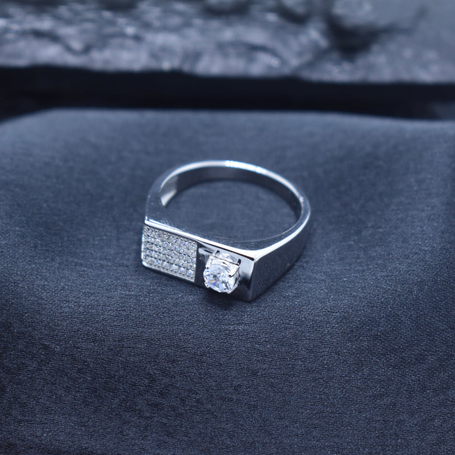 Asymmetrical Pave Solitaire Silver Ring