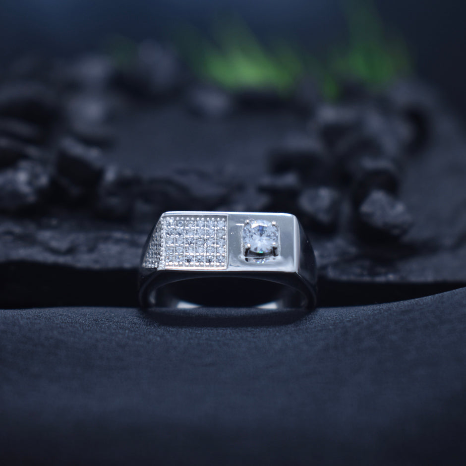 Asymmetrical Pave Solitaire Silver Ring