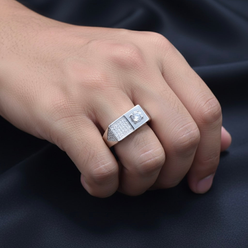Asymmetrical Pave Solitaire Silver Ring