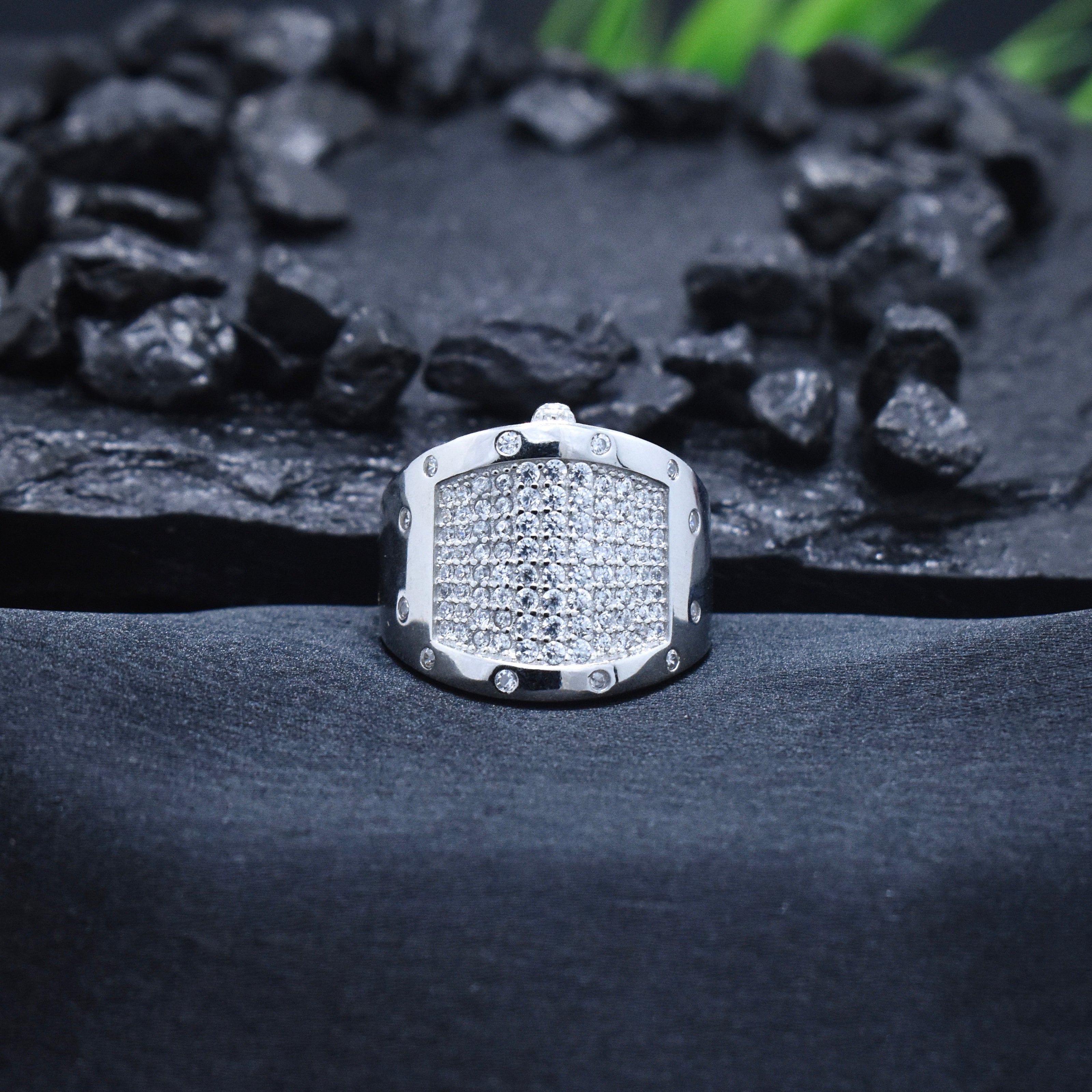 Silver Grid Pave Band Ring