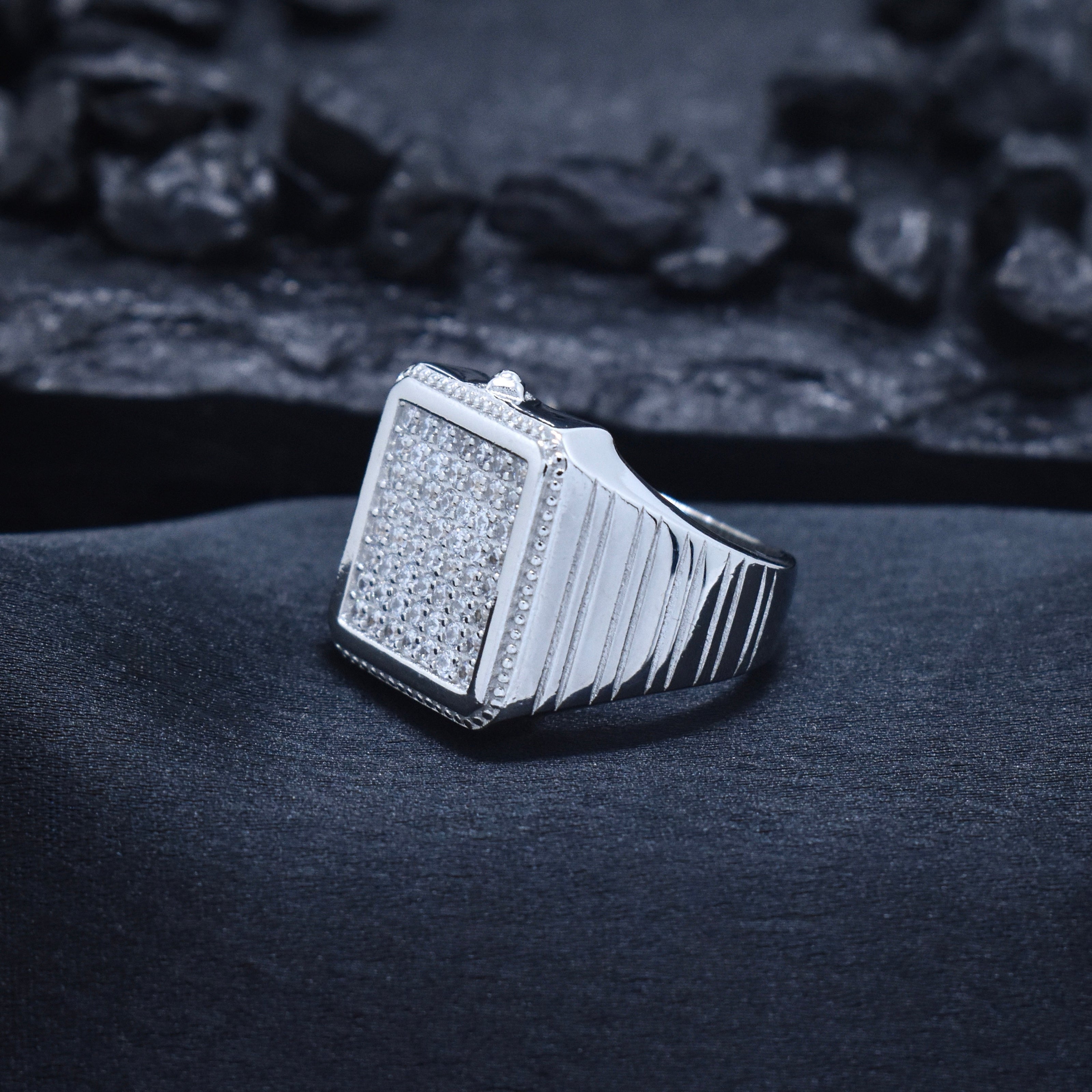 Silver Box Stone Texture Ring