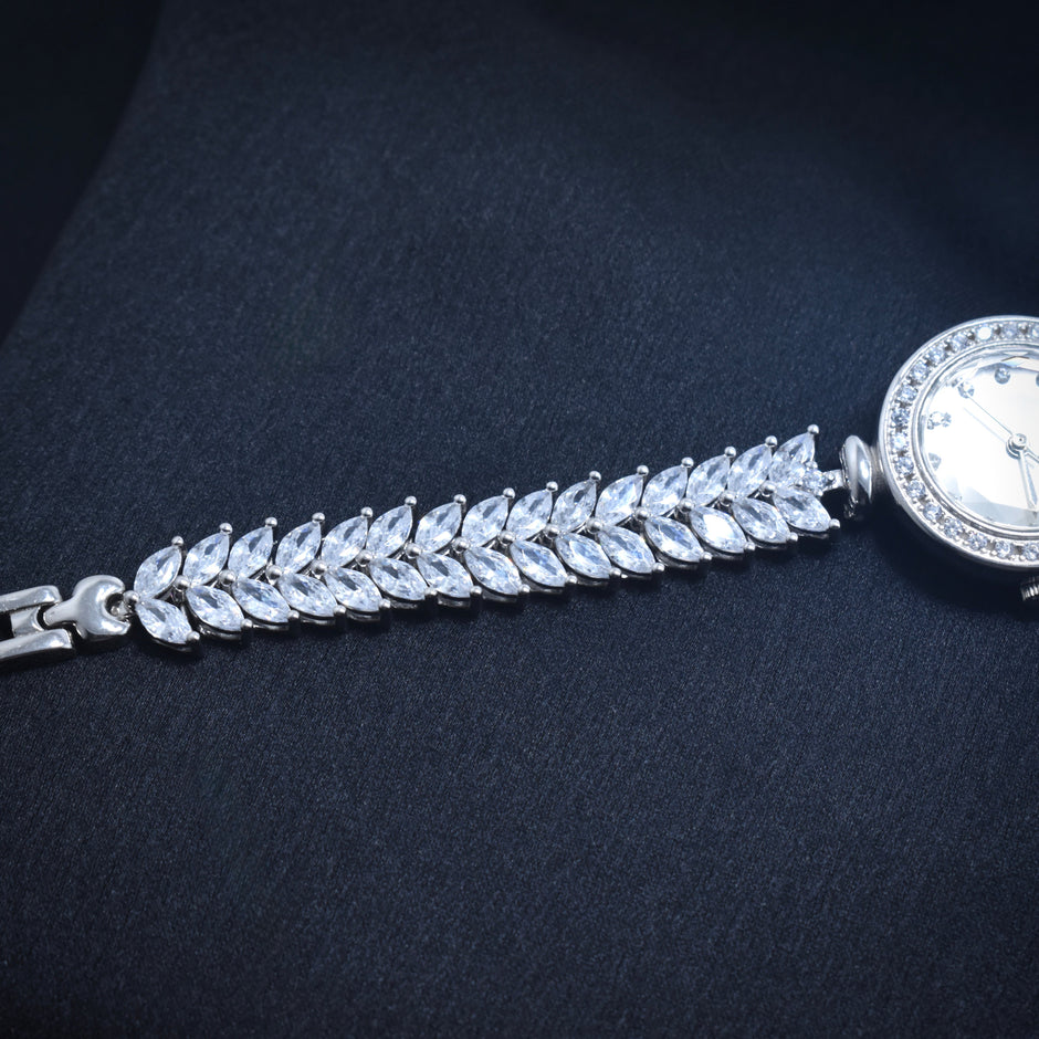 Cluster Leaf Stone Silver Watch