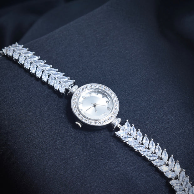 Cluster Leaf Stone Silver Watch