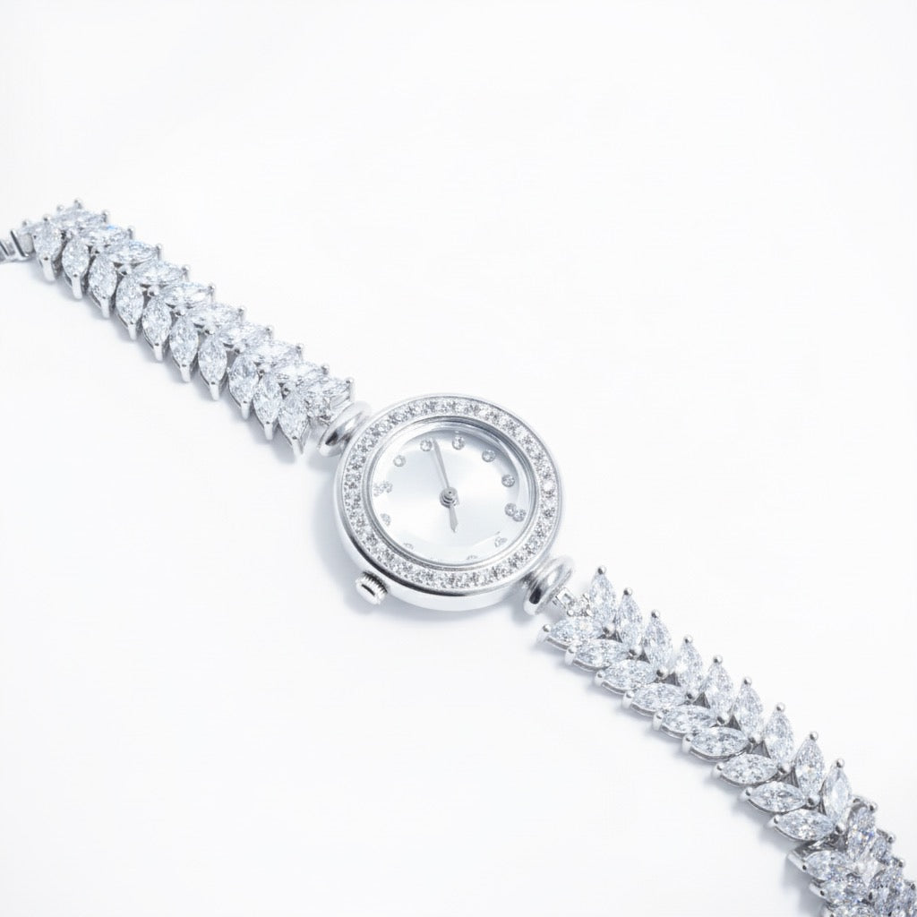 Cluster Leaf Stone Silver Watch
