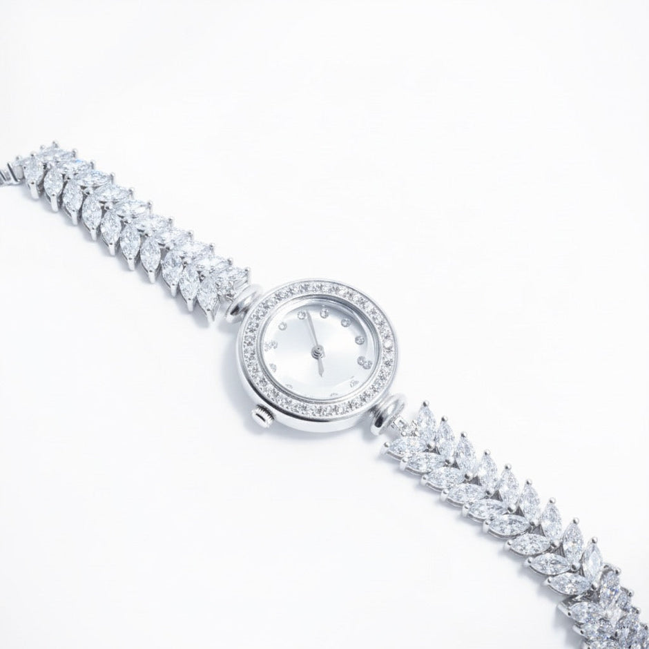 Cluster Leaf Stone Silver Watch