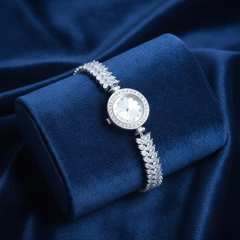 Cluster Leaf Stone Silver Watch