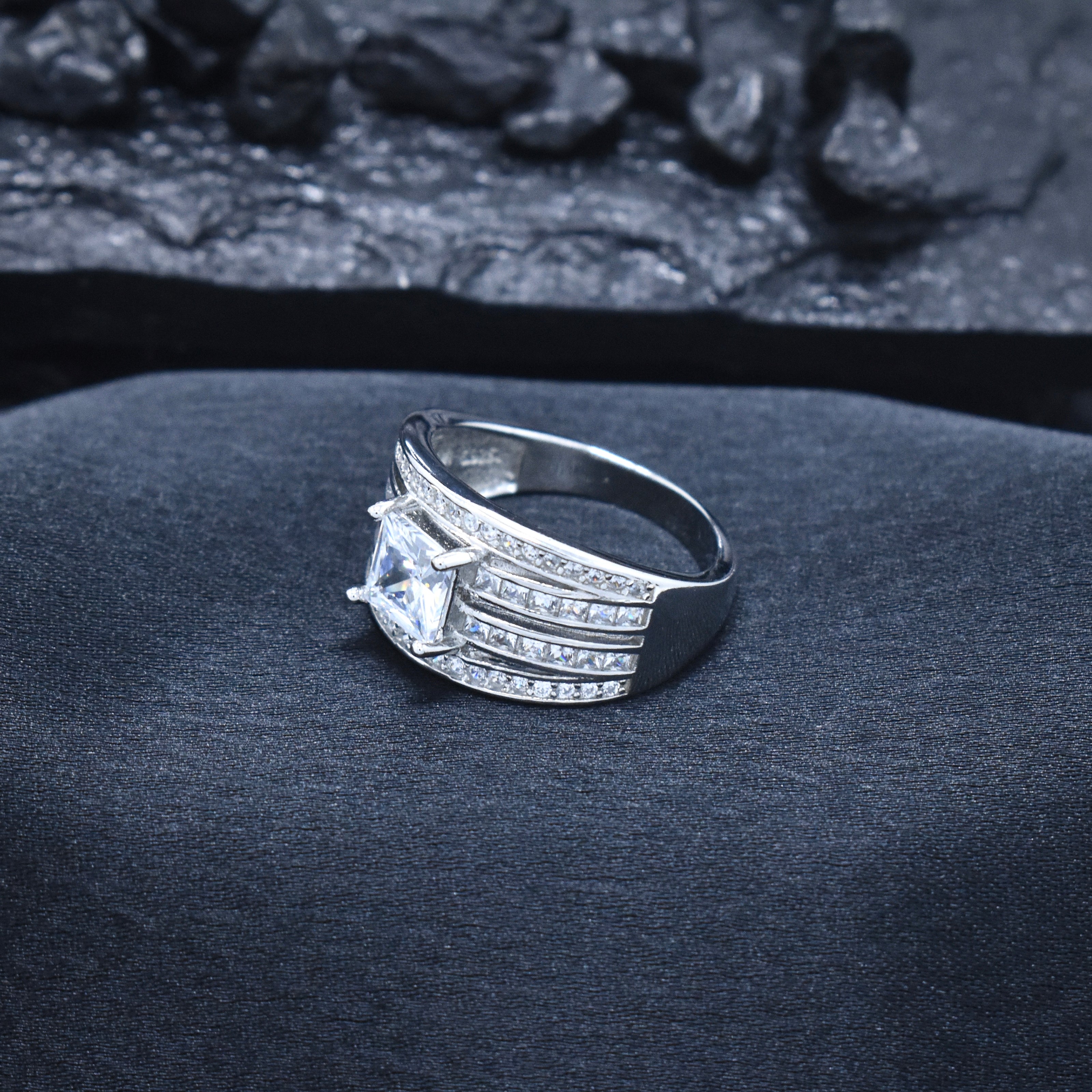Square Solitaire Multi-Row Signet Ring