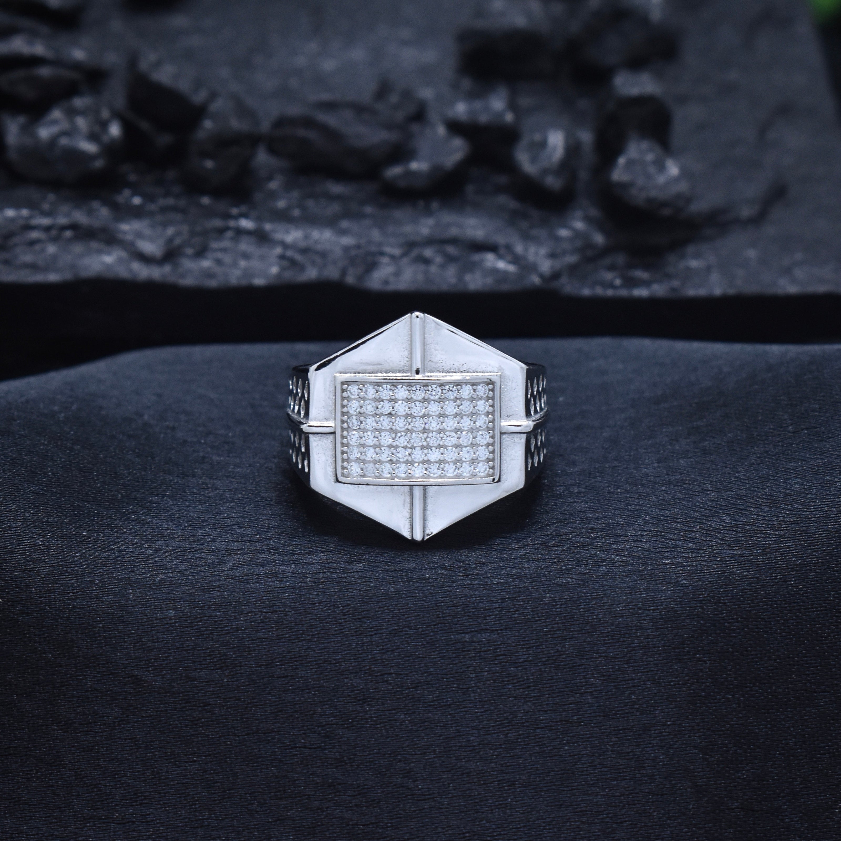 Silver Diamond Brick Frame Ring