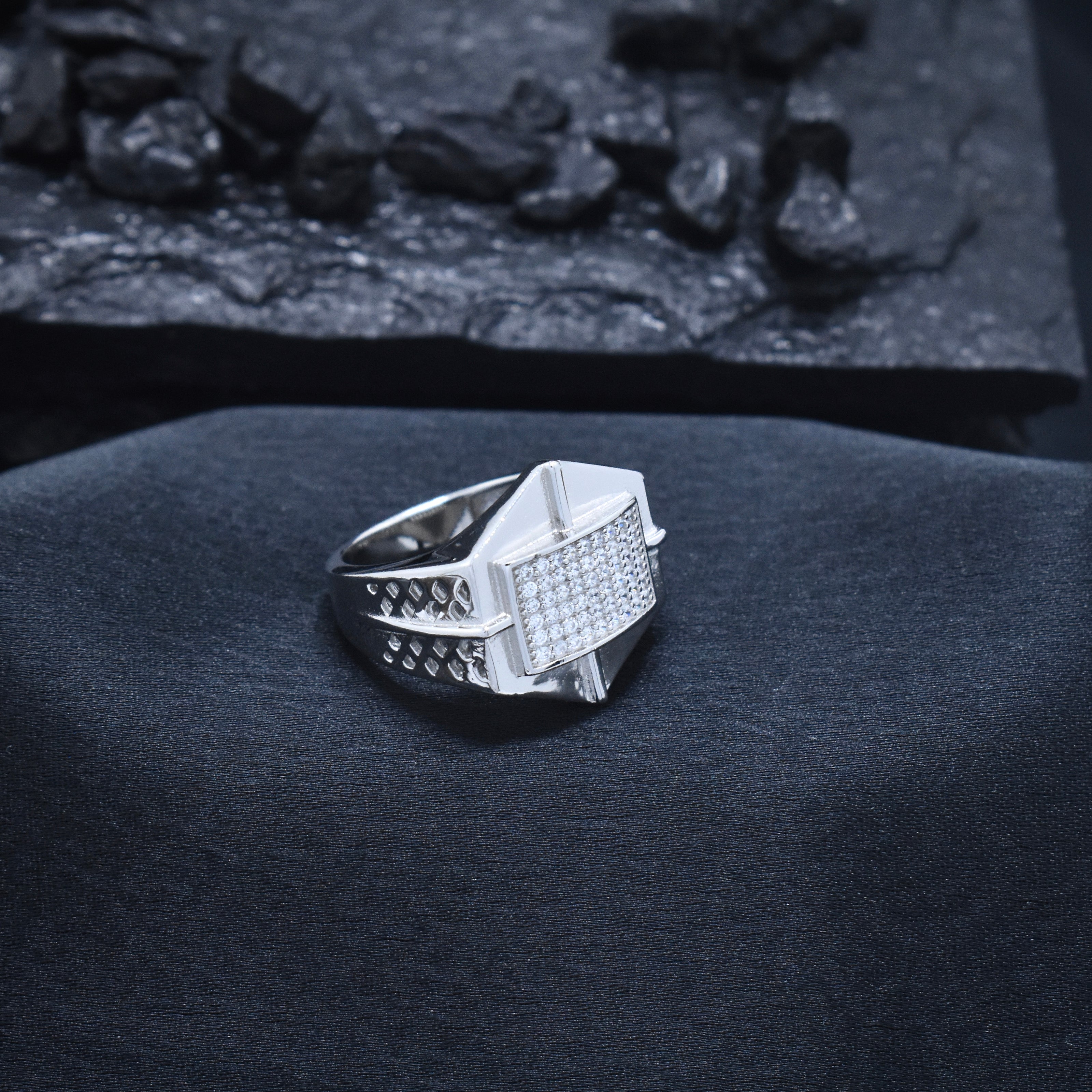 Hexagonal Pave Industrial Signet Ring