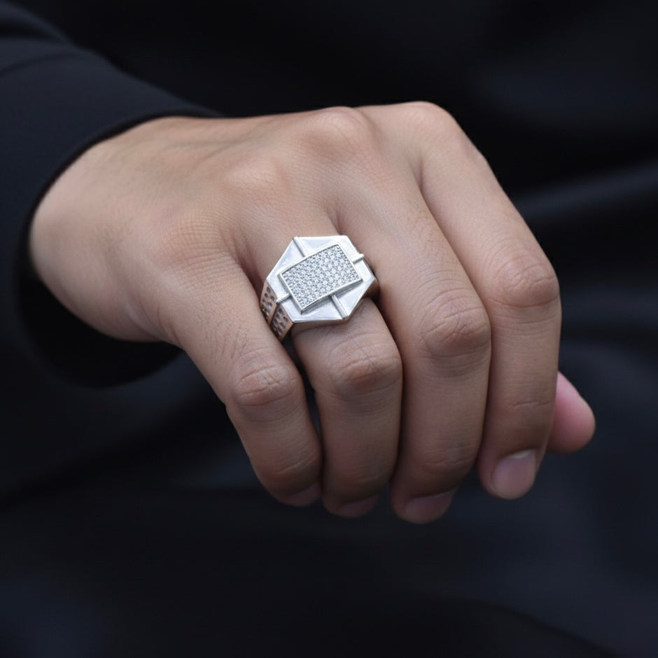 Hexagonal Pave Industrial Signet Ring