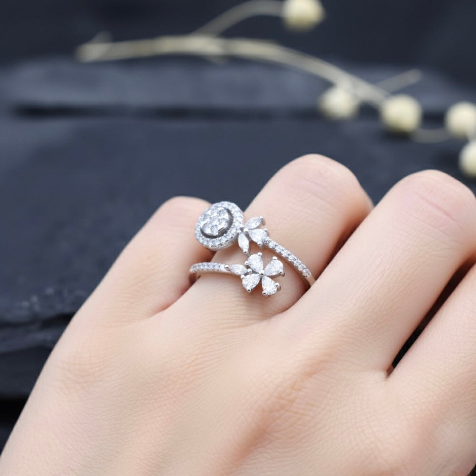 Elegant Floral Halo Dual Silver Ring