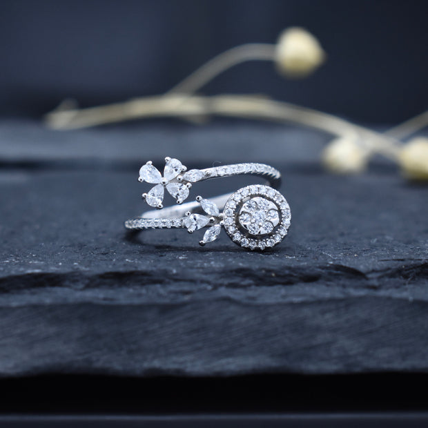 Elegant Floral Halo Dual Silver Ring