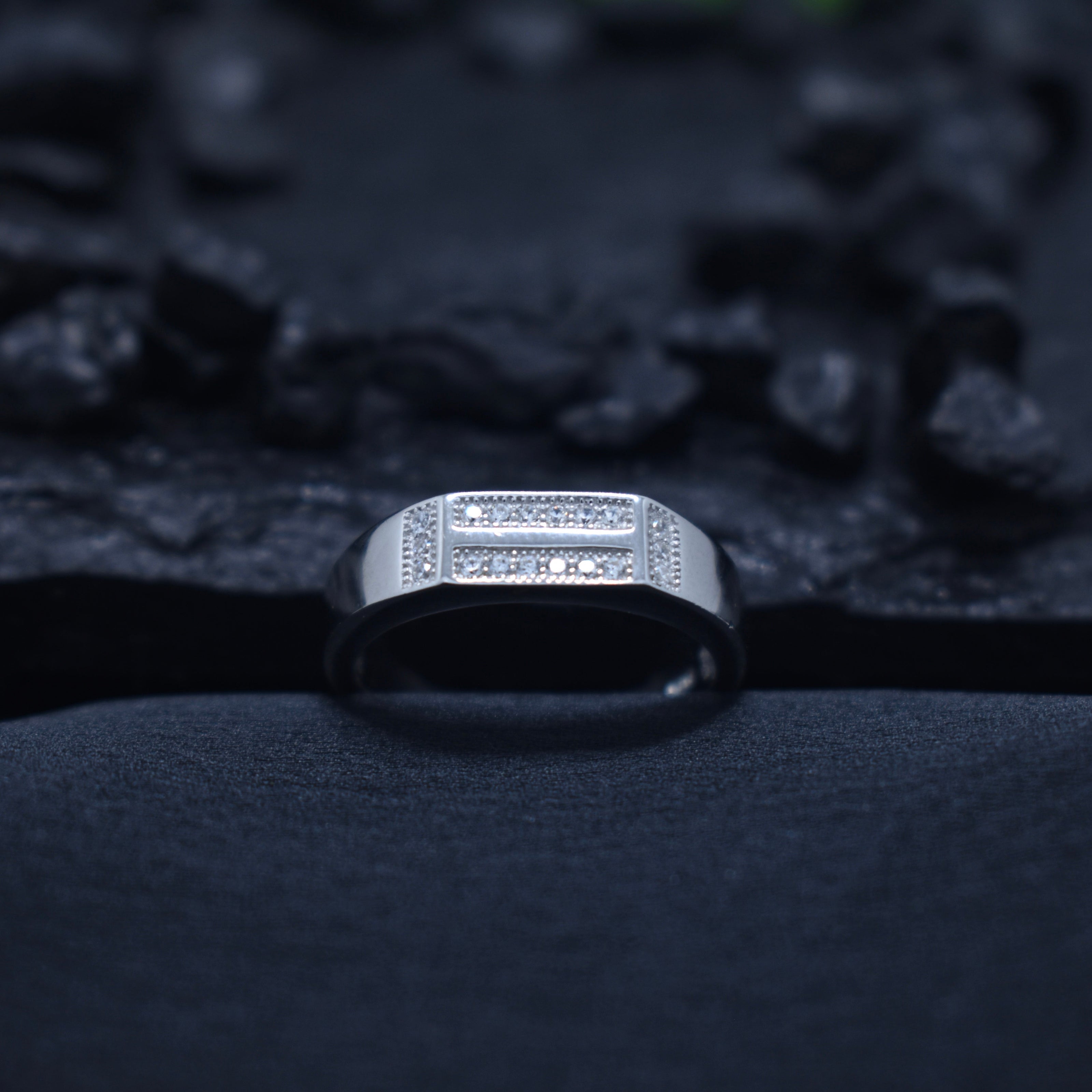 Triple Line Pavé Panel Modern Silver Ring