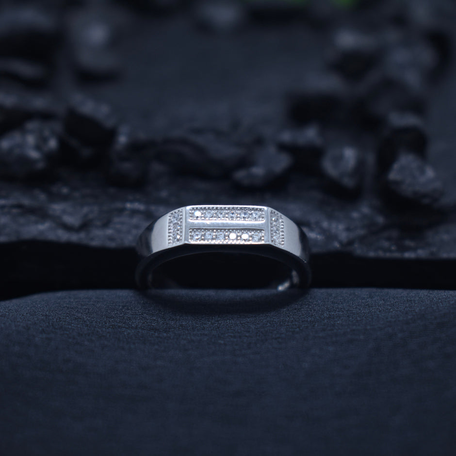 Triple Line Pavé Panel Modern Silver Ring