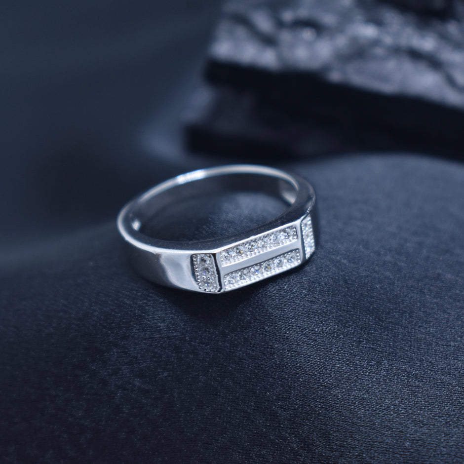 Triple Line Pavé Panel Modern Silver Ring