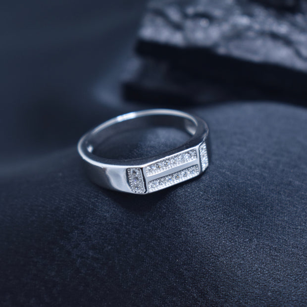 Triple Line Pavé Panel Modern Silver Ring