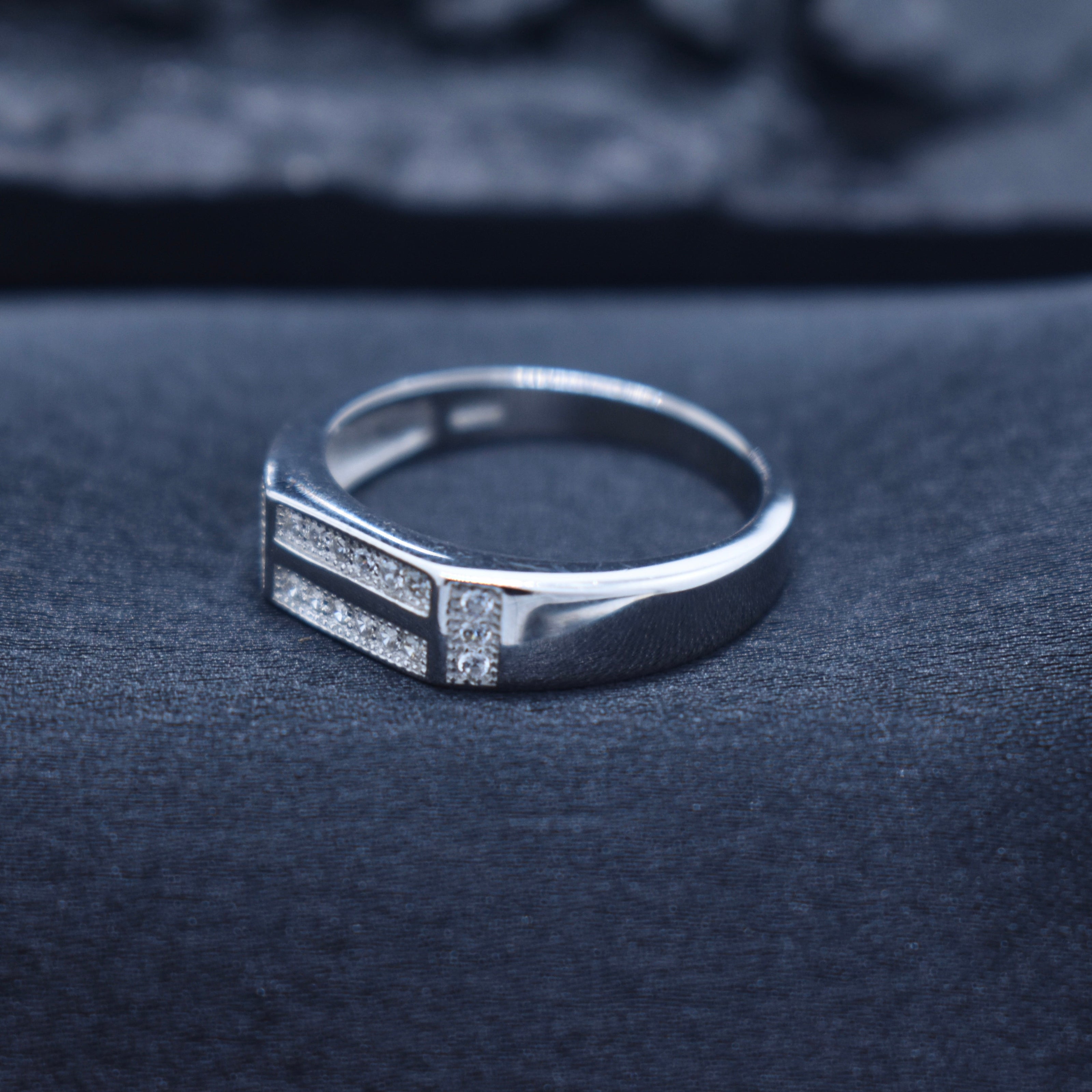 Triple Line Pavé Panel Modern Silver Ring