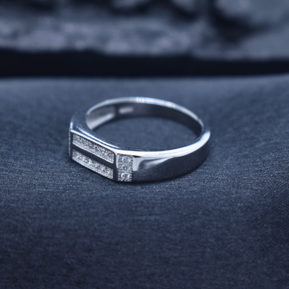 Triple Line Pavé Panel Modern Silver Ring