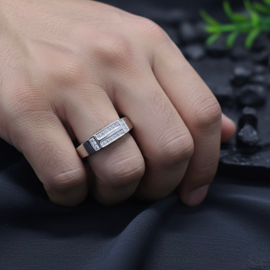 Triple Line Pavé Panel Modern Silver Ring