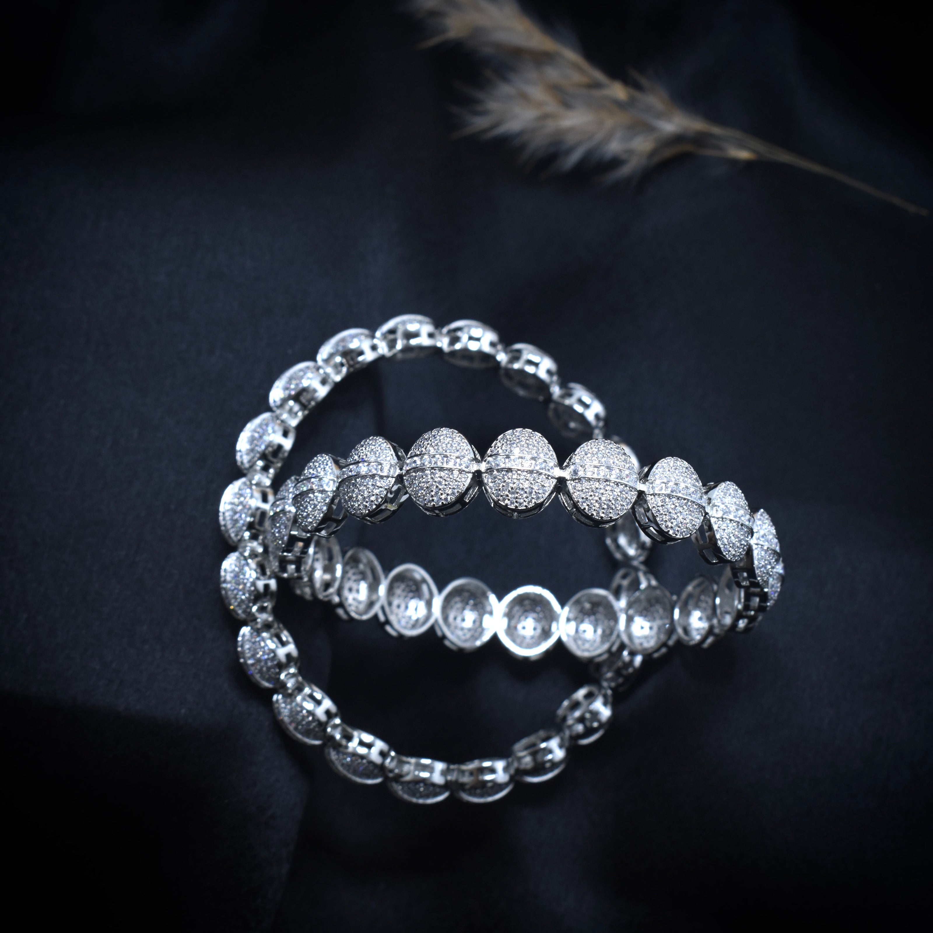 Oval Cluster Silver Bangle Set