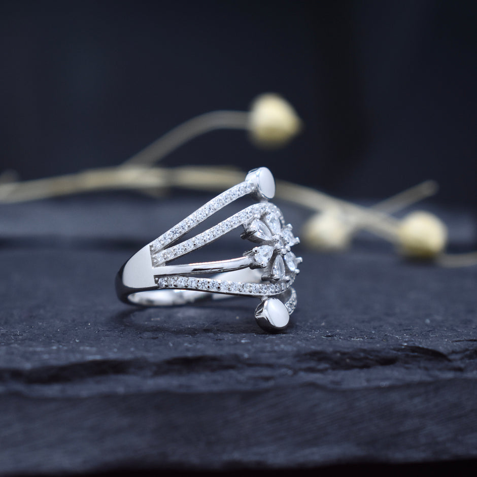 Modern Floral Multi Band Silver Ring