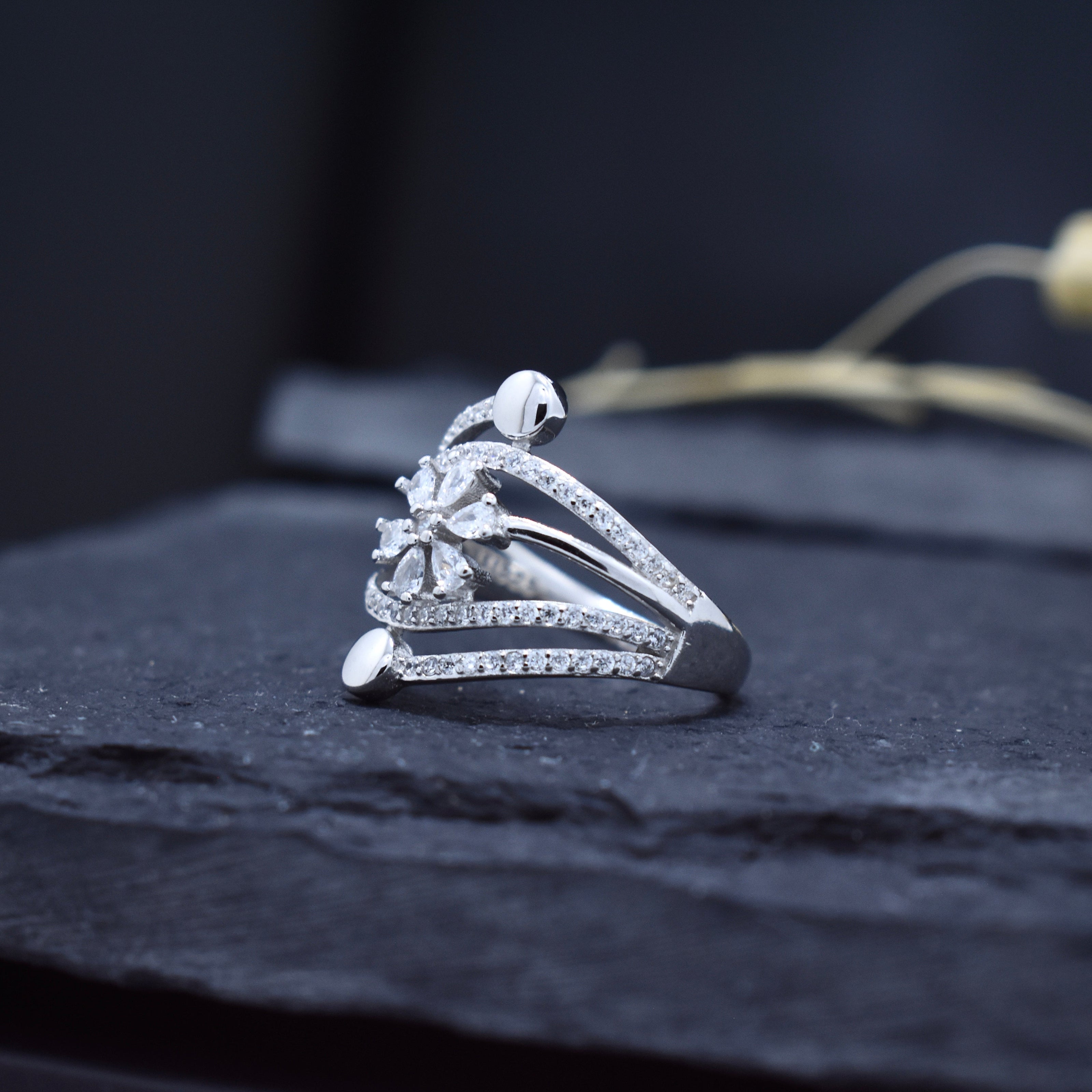 Modern Floral Multi Band Silver Ring