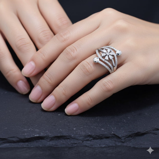 Modern Floral Multi Band Silver Ring