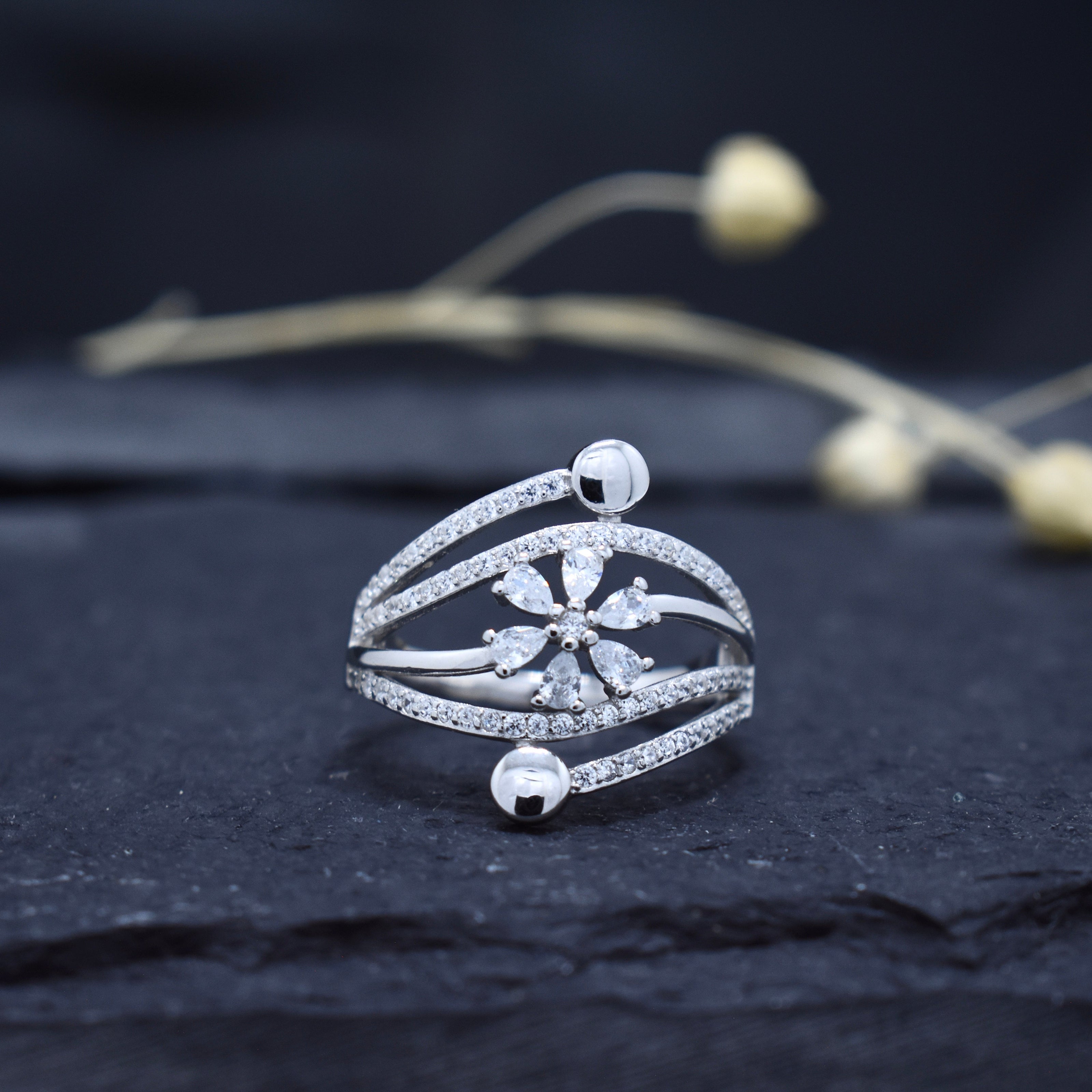 Modern Floral Multi Band Silver Ring