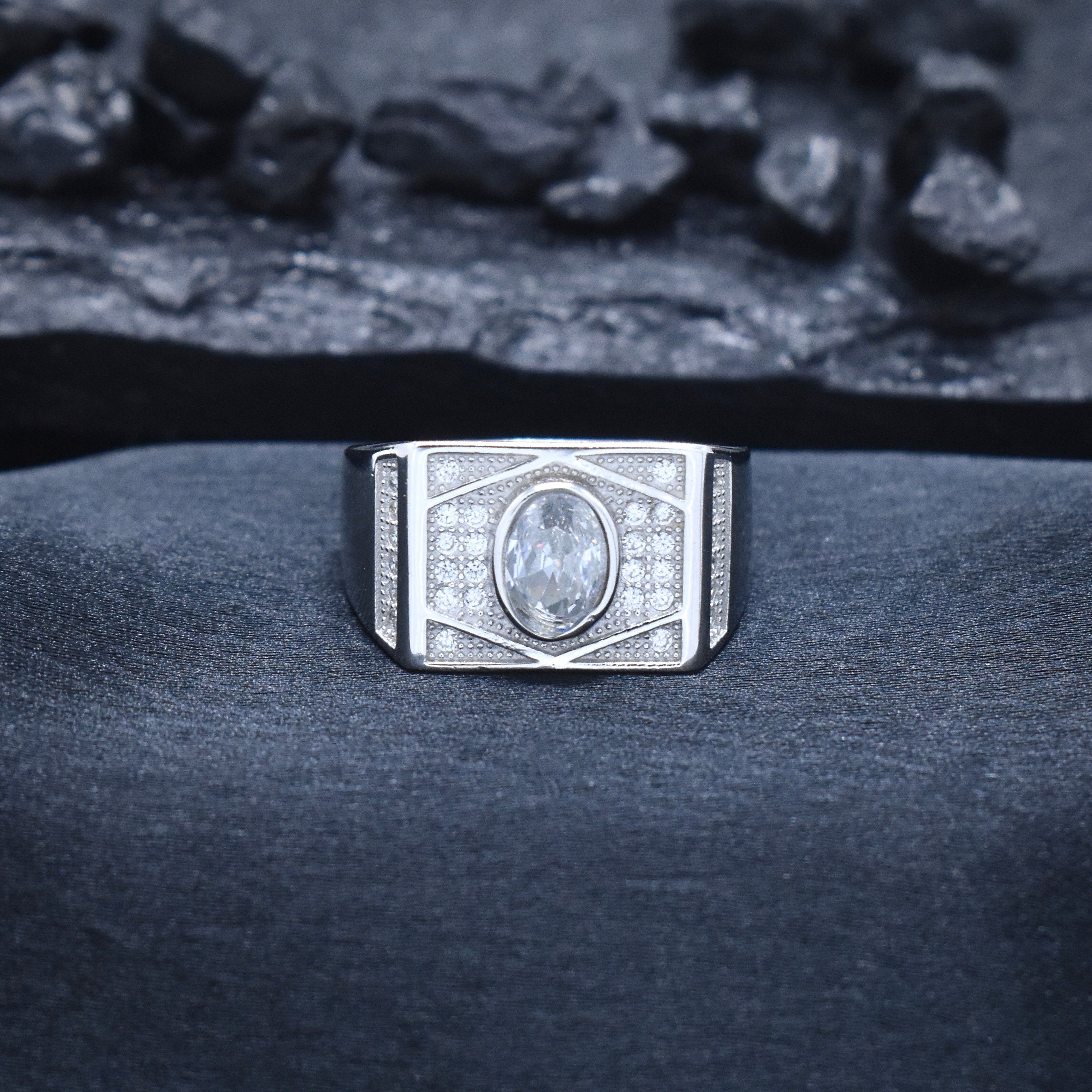 Oval Center Pave Diamond Silver Ring