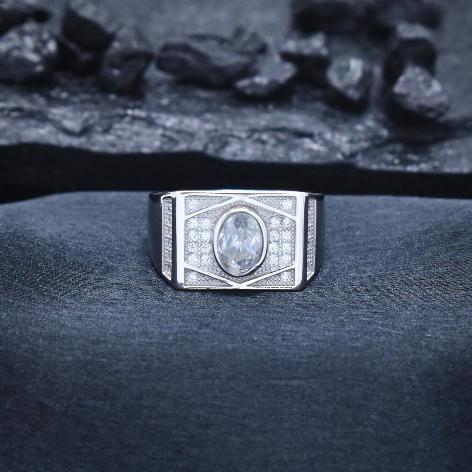 Oval Center Pave Diamond Silver Ring