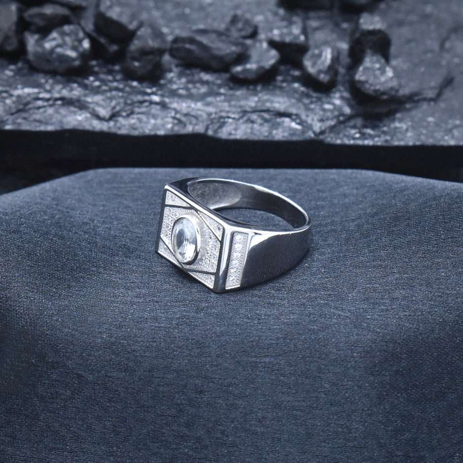 Oval Center Pave Diamond Silver Ring