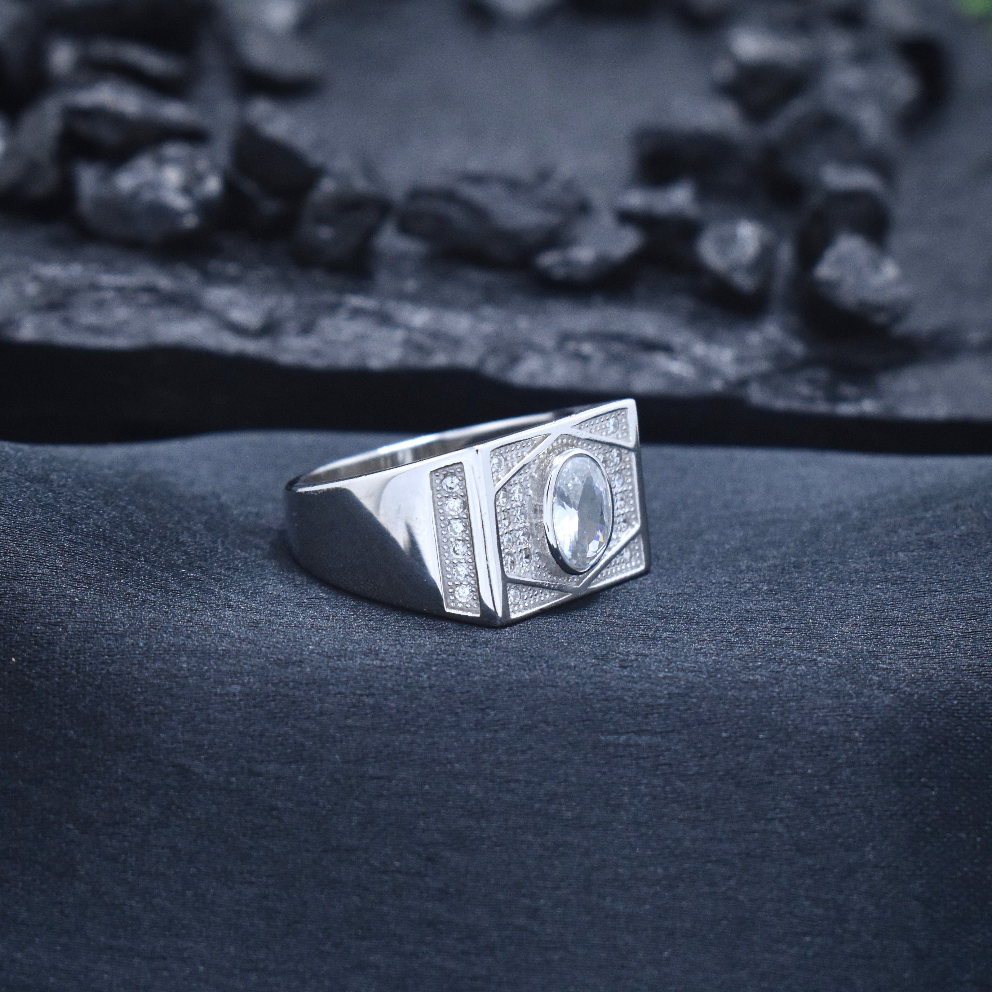 Oval Center Pave Diamond Silver Ring