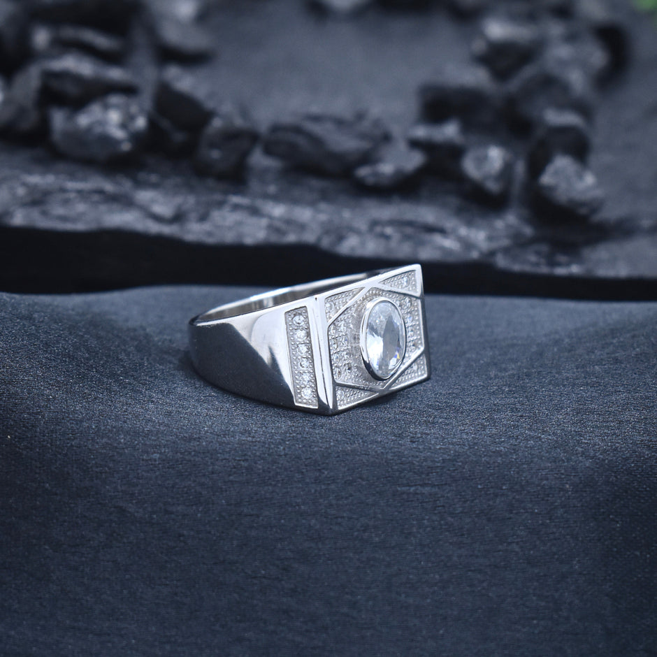 Oval Center Pave Diamond Silver Ring