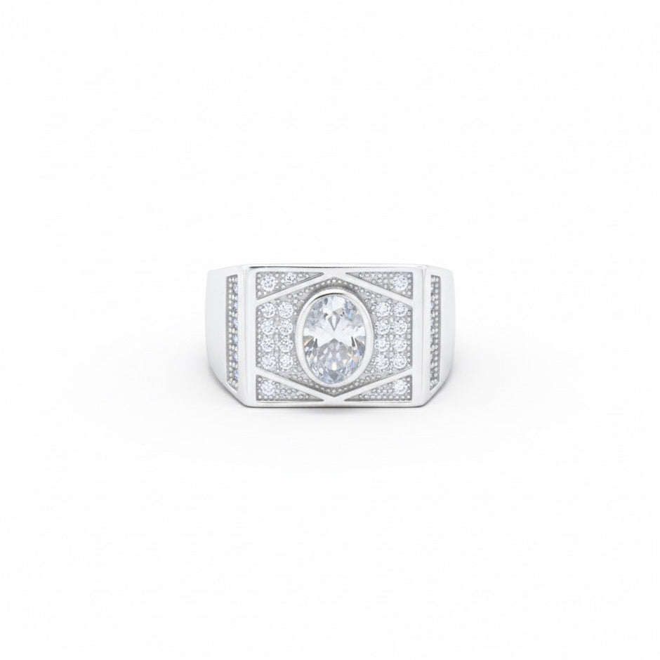 Oval Center Pave Diamond Silver Ring