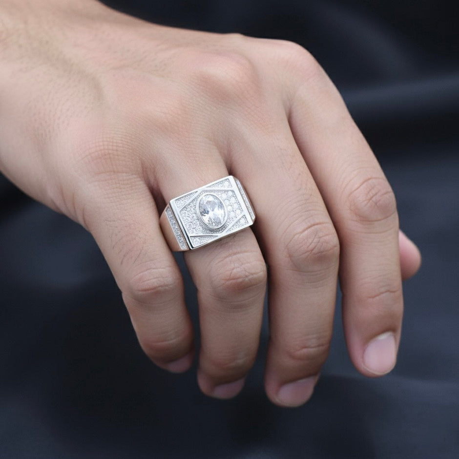 Oval Center Pave Diamond Silver Ring