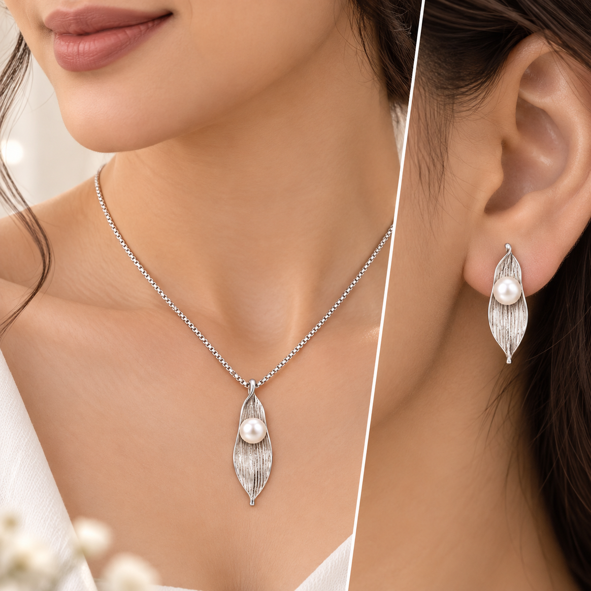 Leaf Pearl Pendant Set
