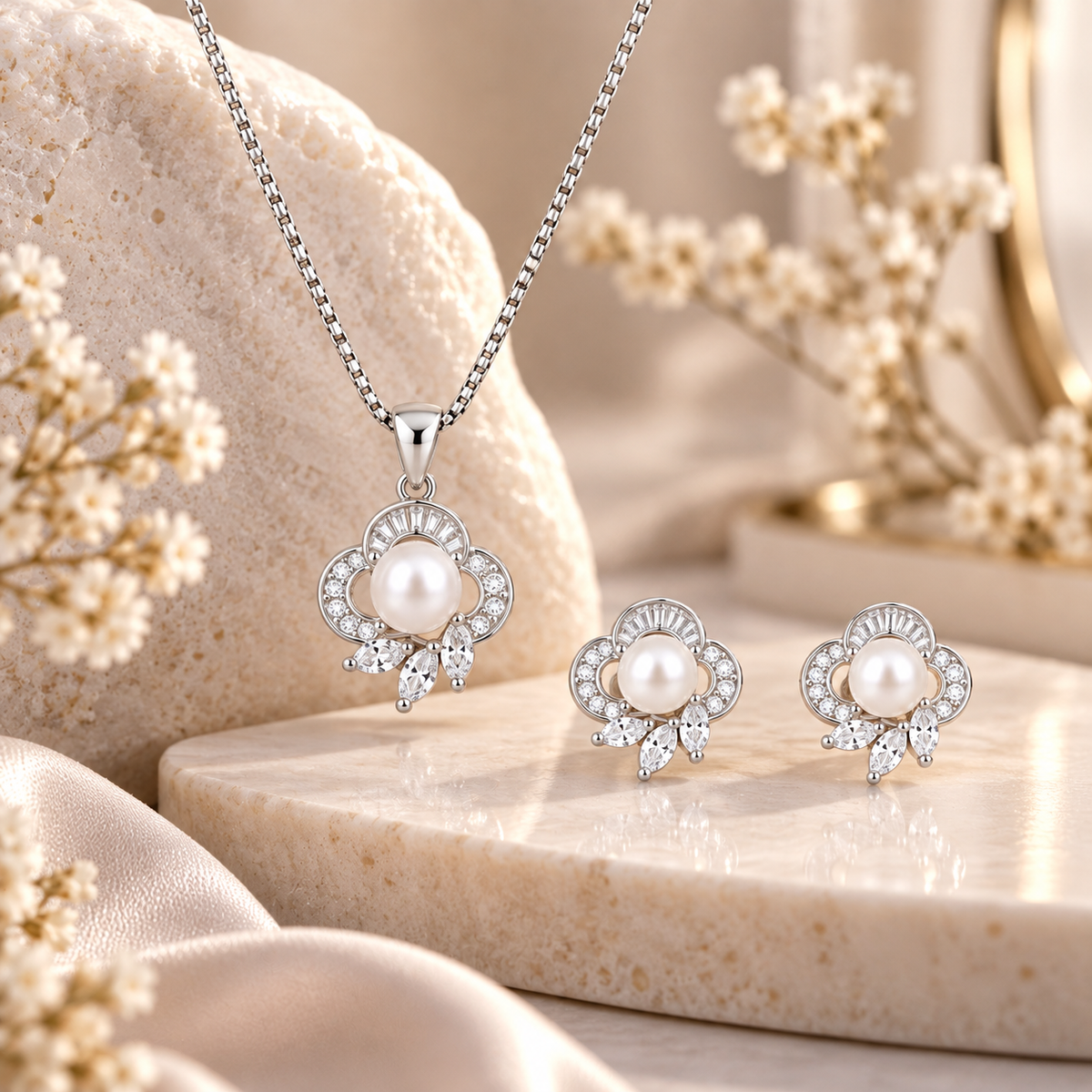 Pearl Floral Pendant Set