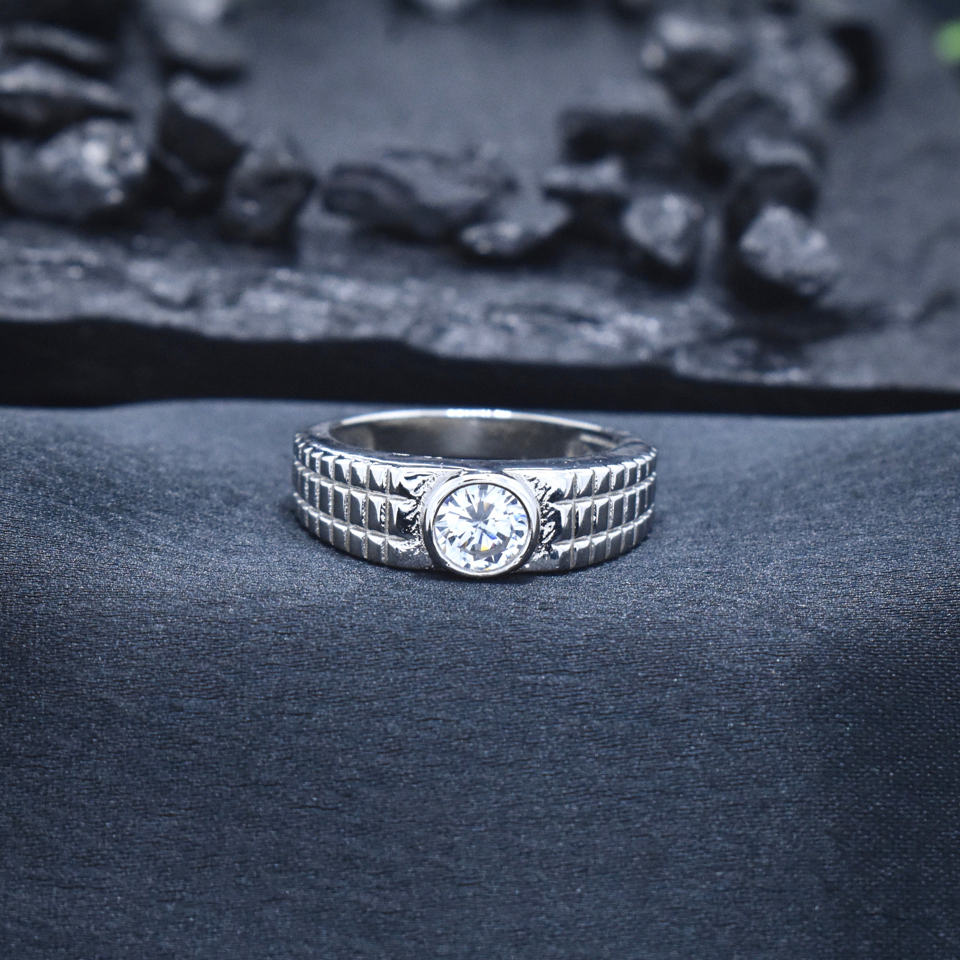 Solitaire Textured Band Silver Ring