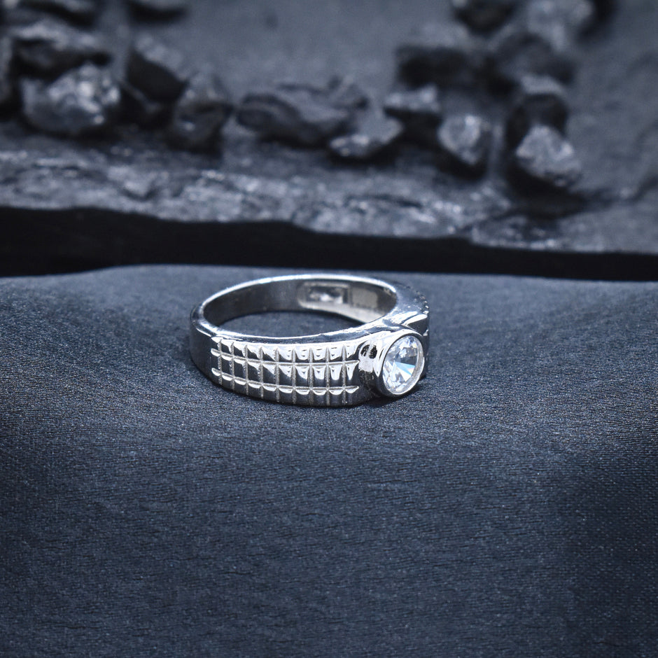 Solitaire Textured Band Silver Ring